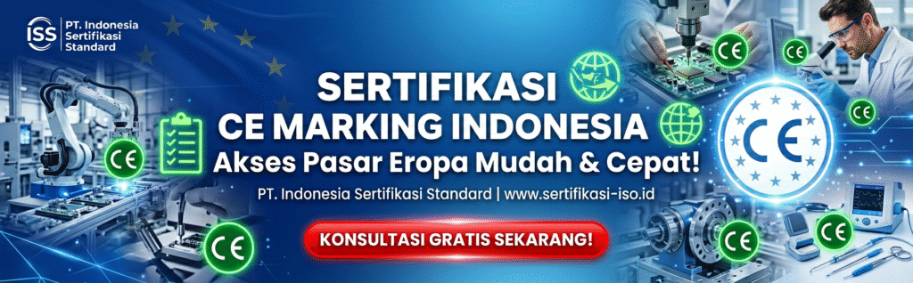 Infografis sinergi ISO 9001 dan CE Marking untuk manufaktur ekspor oleh PT. Indonesia Sertifikasi Standard.