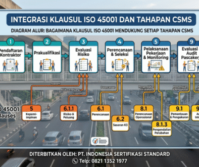 Diagram alur yang menunjukkan bagaimana klausul ISO 45001 mendukung setiap tahapan CSMS.
