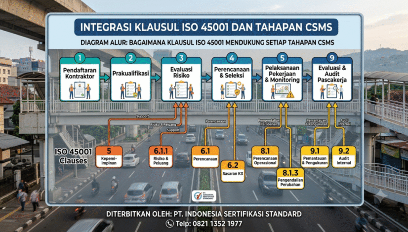 Diagram alur yang menunjukkan bagaimana klausul ISO 45001 mendukung setiap tahapan CSMS.