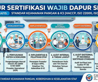 Infografis alur sertifikasi wajib dapur SPPG untuk standar keamanan pangan HACCP dan ISO 22000 oleh PT Indonesia Sertifikasi Standard