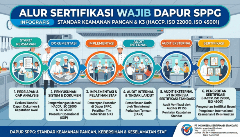 Infografis alur sertifikasi wajib dapur SPPG untuk standar keamanan pangan HACCP dan ISO 22000 oleh PT Indonesia Sertifikasi Standard