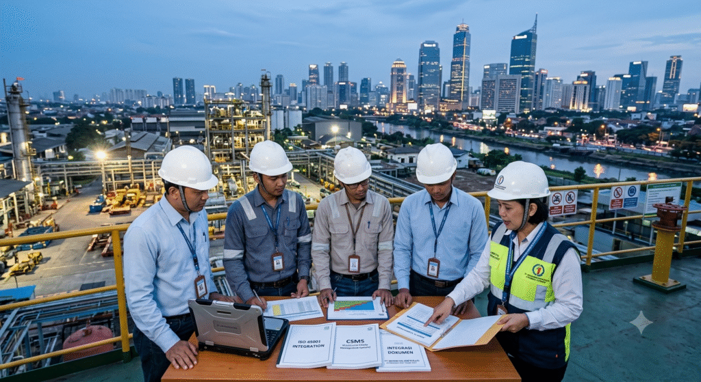 Tim profesional sedang meninjau dokumen integrasi ISO 45001 dan CSMS di area industri.