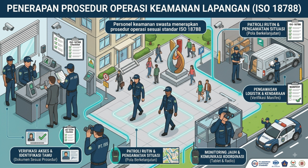 Personel keamanan swasta menerapkan prosedur operasi sesuai standar ISO 18788