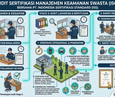 buat gambar profesional tentang Tahapan audit Stage 1 dan Stage 2 sertifikasi manajemen keamanan swasta ISO 18788 bersama PT. Indonesia sertifikasi standard I Telp: 0821 1352 1977 I Email: iss.isosertifikasi@gmail.com