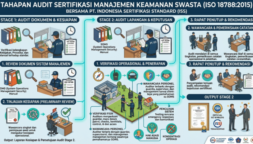 buat gambar profesional tentang Tahapan audit Stage 1 dan Stage 2 sertifikasi manajemen keamanan swasta ISO 18788 bersama PT. Indonesia sertifikasi standard I Telp: 0821 1352 1977 I Email: iss.isosertifikasi@gmail.com