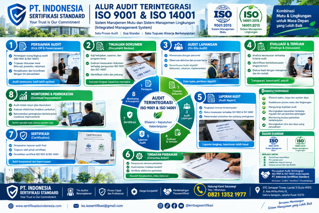 buat Infografis alur audit terintegrasi ISO 9001 Sistem Manajemen Mutu dan ISO 14001 Sistem Manajemen Lingkungan (Integrated Management System) oleh PT. Indonesia Sertifikasi Standard.