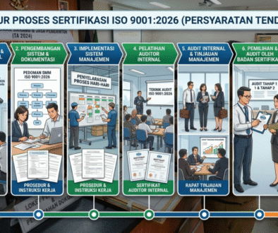 Alur proses sertifikasi ISO 9001 untuk persyaratan tender dari gap analysis hingga sertifikat
